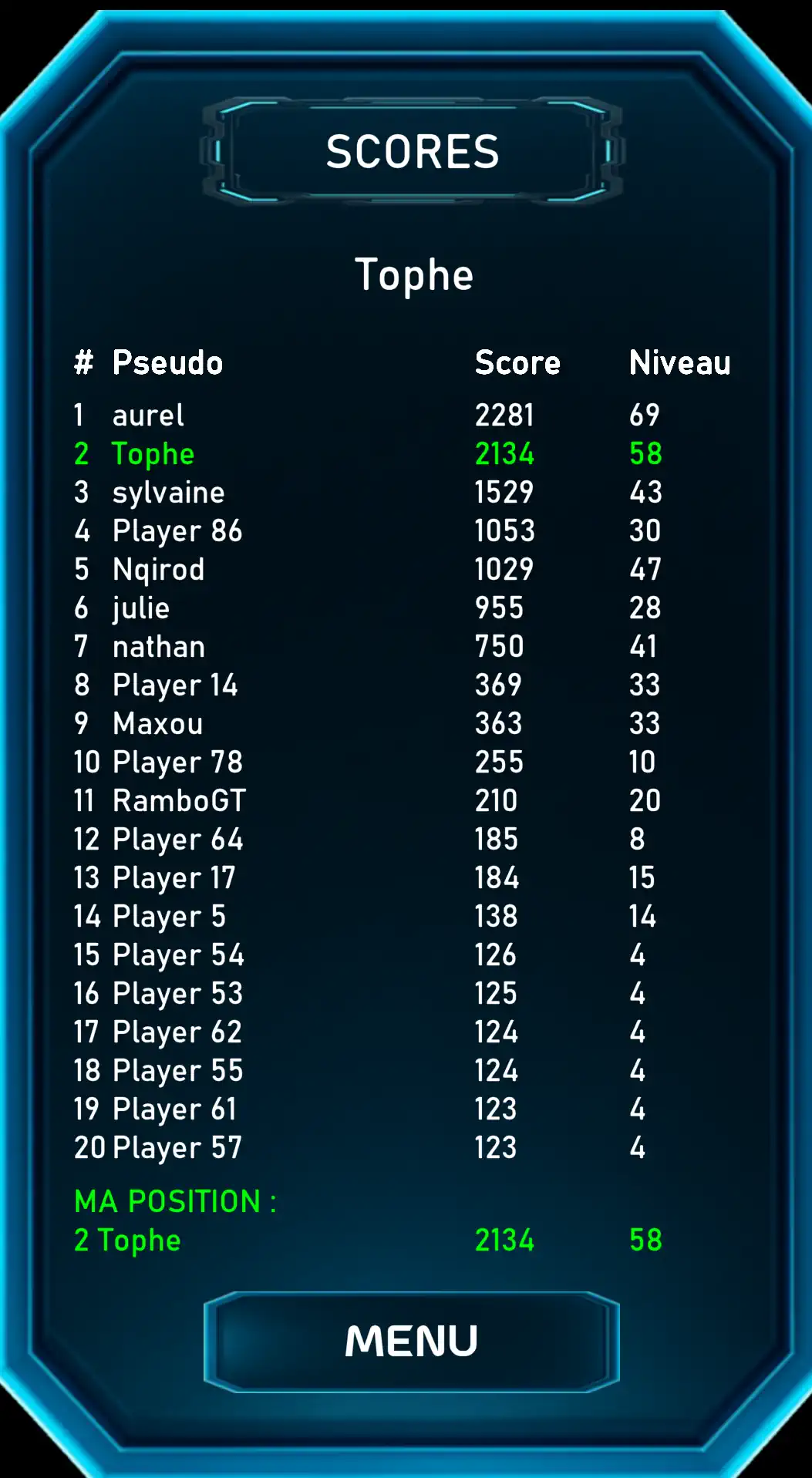 écran du leaderboard jeu Space Gem's – défis et score